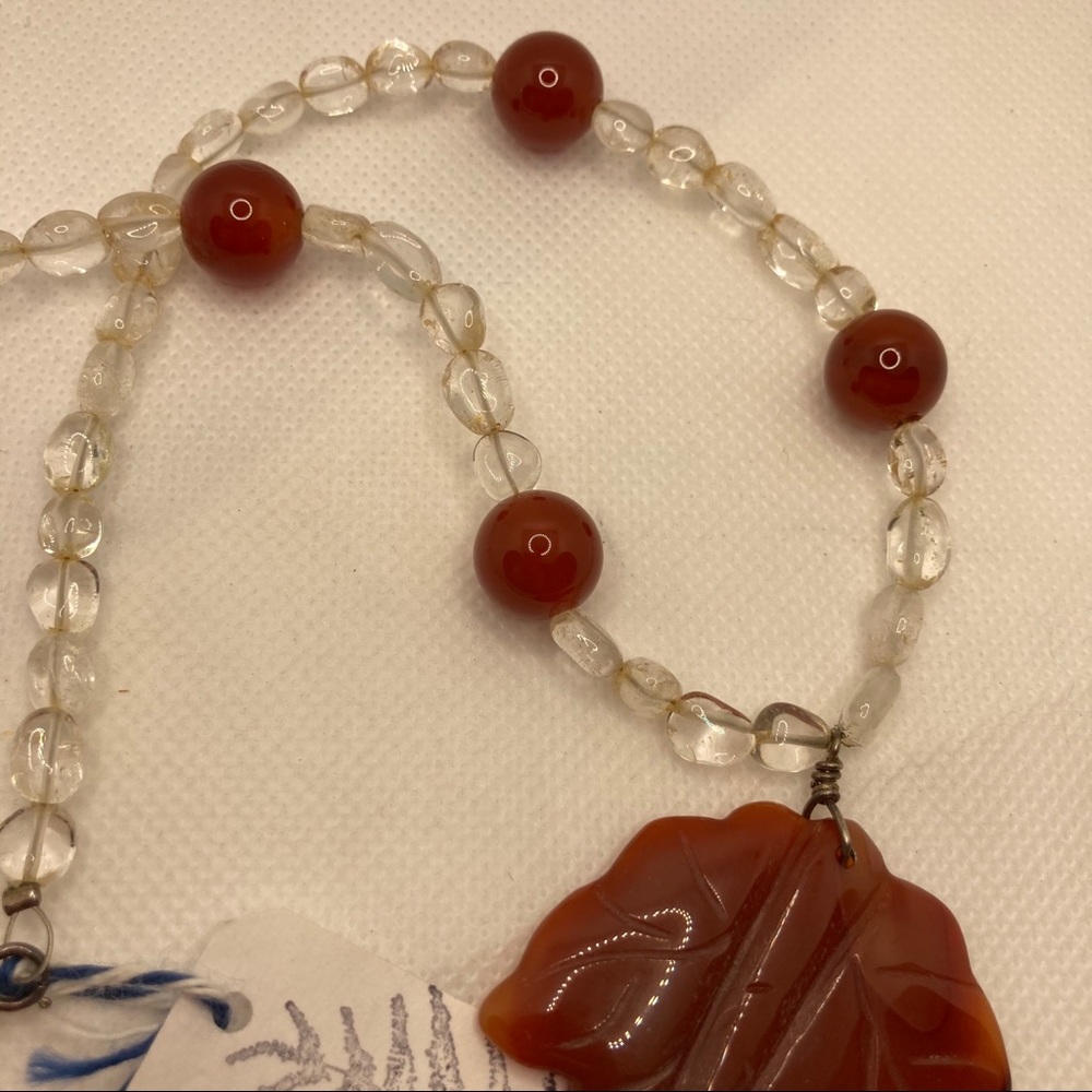Brown Jade Leaf & Crystal Necklace – Artisan Carved, Estate Find - Picture 7 of 7